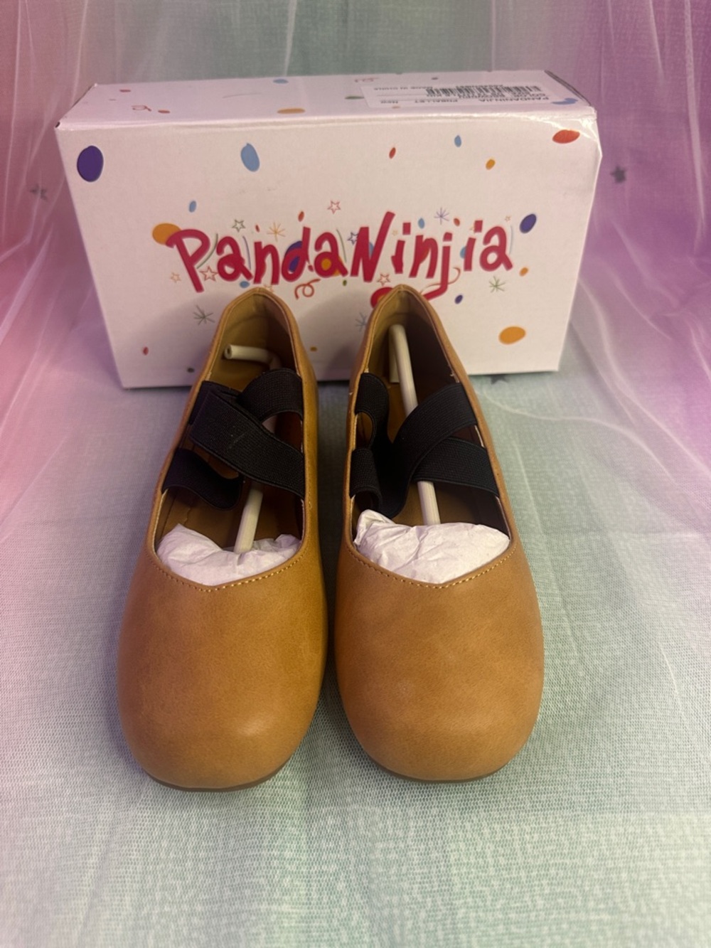 Panda Ninja Girls Tan Mary Jane Shoes with Black Elastic Straps